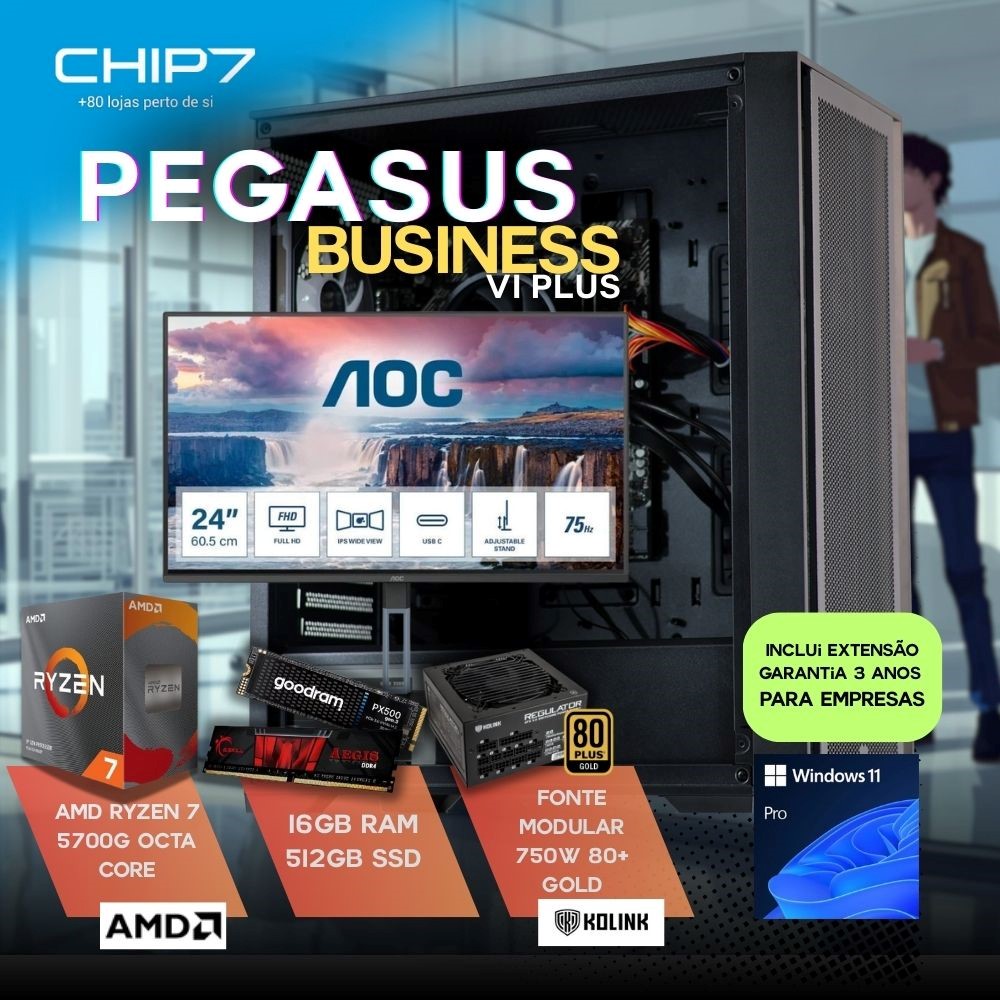 COMPUTADOR TRABALHO - AMD Ryzen 7 5700G / 16GB RAM / 512GB SSD / Windows 10 Pro / Monitor AOC 24V5C 24" Full HD IPS 4ms 75Hz - 24V5C - CHIP7 PEGASUS BUSINESS V1 PLUS