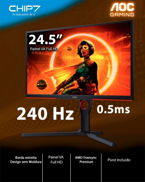 Monitor AOC – 24.5″ Full HD VA / 240Hz / 0.5ms / AMD FreeSync – 25G3ZM/BK